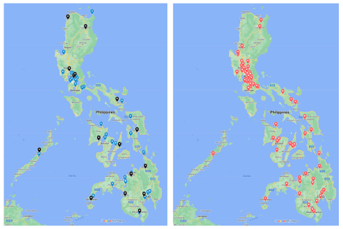 Map of fishing grounds and processing facilities (left) and cities (right) used in the model, plotted across the Philippines