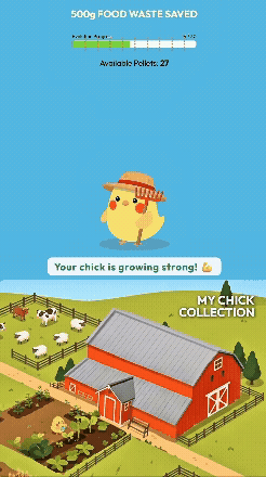 Pellets are available — the chick emotes happy, rewarding the community's upcycling effort.
